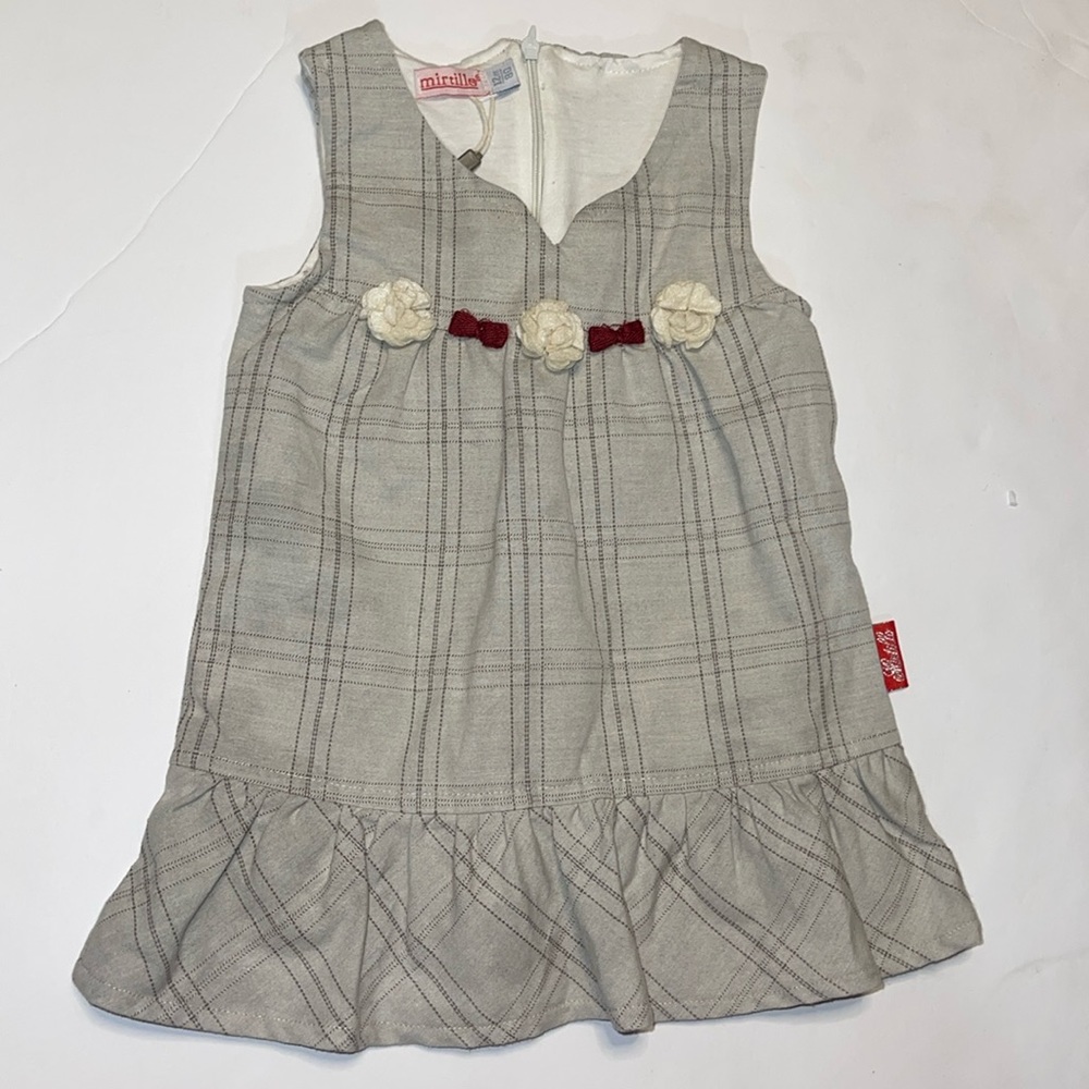 NWOT Mirtillo 12 months girls gray check dress cream flowers red bows. Designer